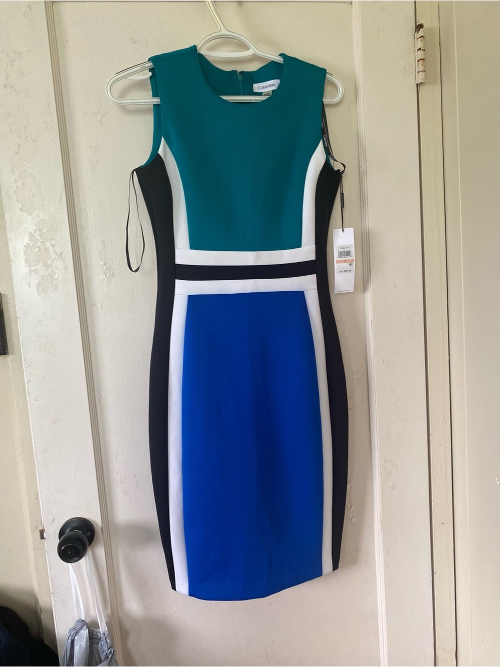 Calvin Klein Teal, Royal Blue & Black Colorblock Midi Sheath Dress